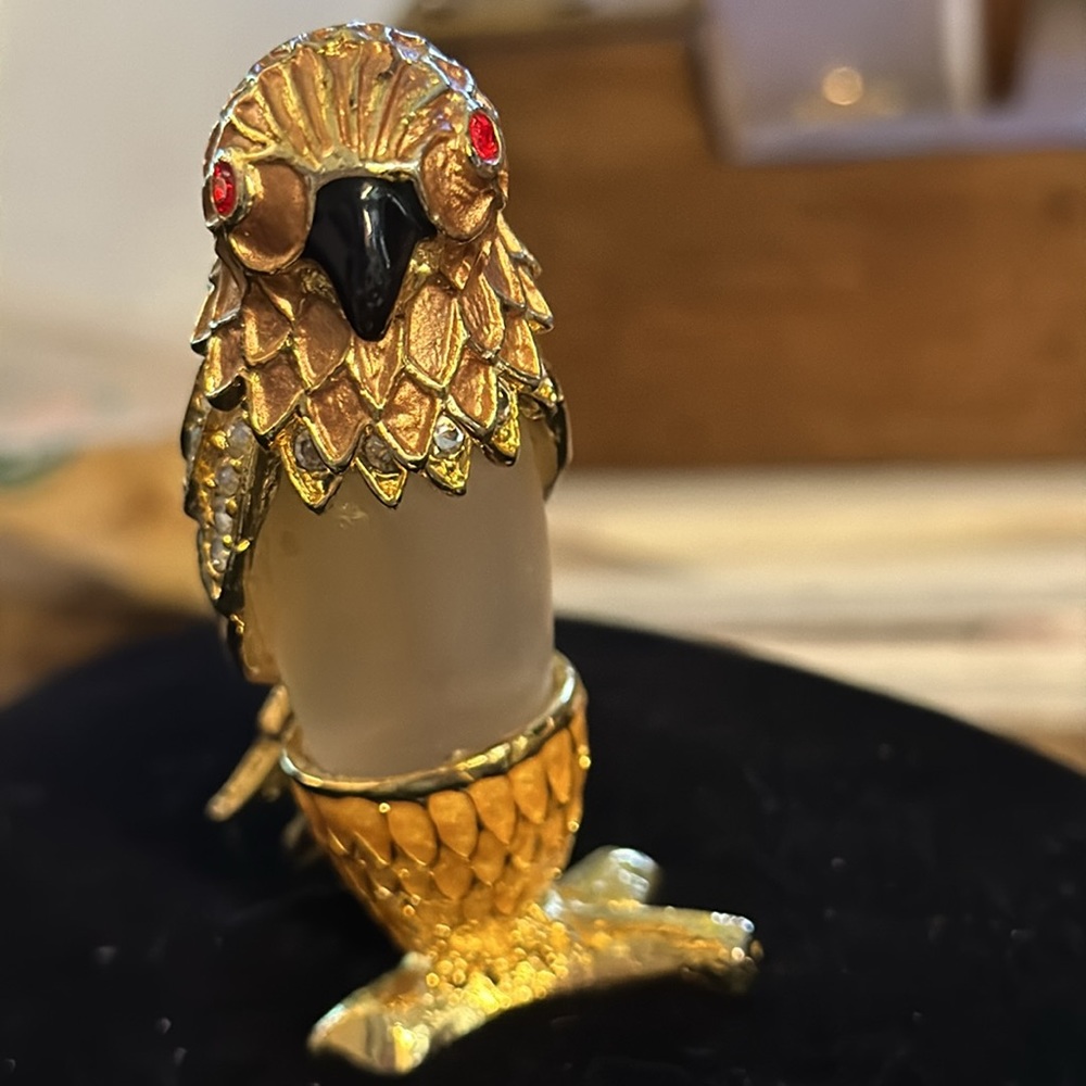 Perfume bottle parrot enamel crystal dauber frosted gold tone white red enamel